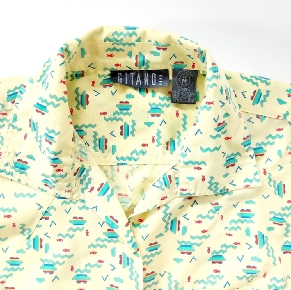 Vintage Yellow Geometric Fish Boats &Waves Shirt Gitano 70s 80s Hallowen Costume - Picture 3 of 5